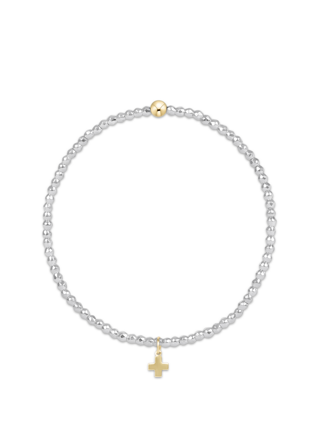Bright Silver Faceted Hematite 2mm Bead Bracelet - Signature Cross Gold Charm