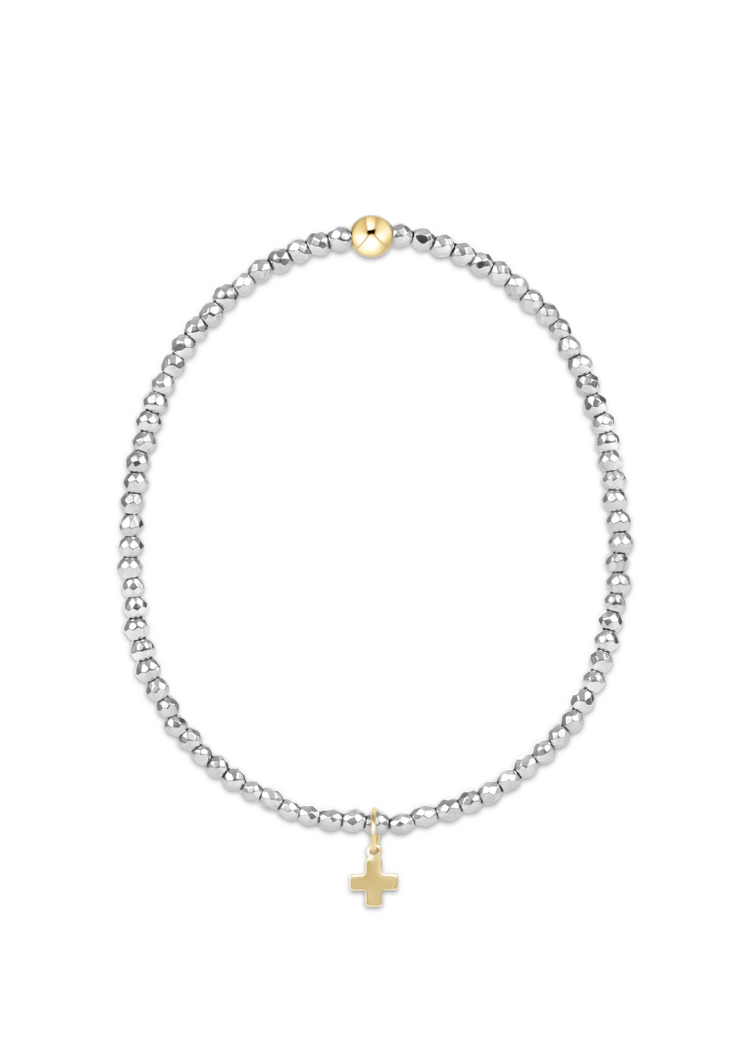 Silver Faceted Hematite 2mm Bead Bracelet - Signature Cross Gold Charm