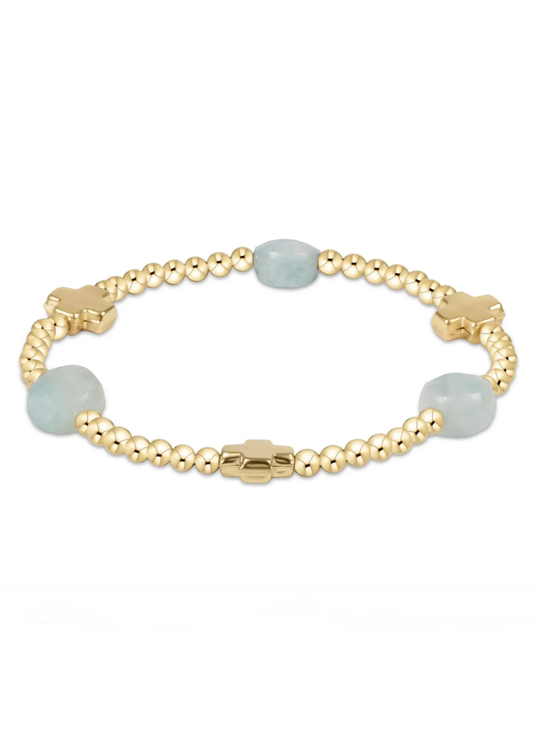 Signature Cross Admire Gold Pattern 3mm Bead Bracelet - Aquamarine