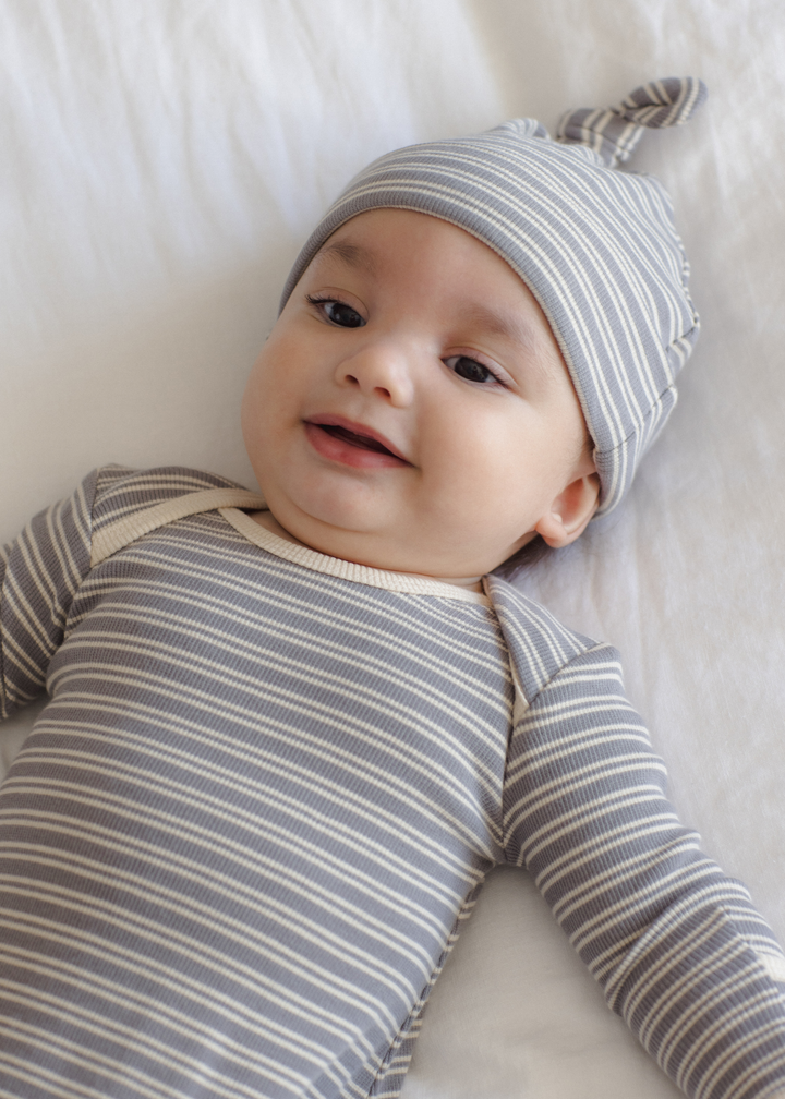 Knotted Baby Gown + Hat Set || Slate Microstripe
