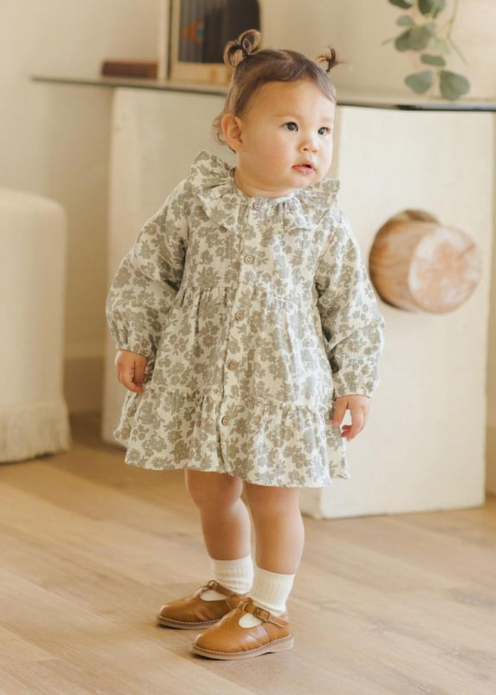Ruffle Collar Button Dress || Green Floral