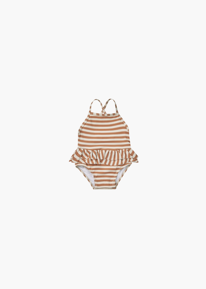 ruffled one-piece swimsuit || clay stripe