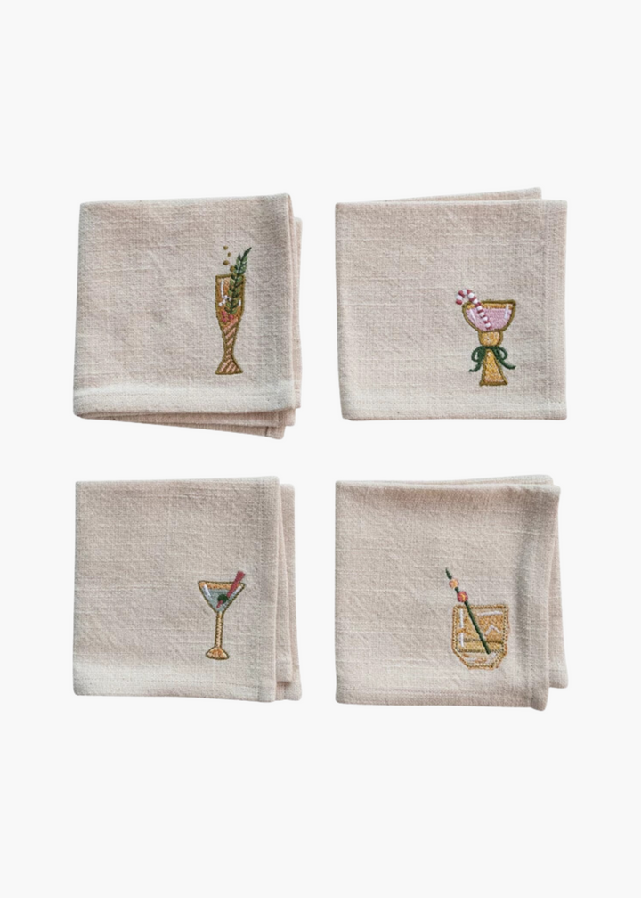 Embroidered Holiday Cocktail Napkins, Set of 4