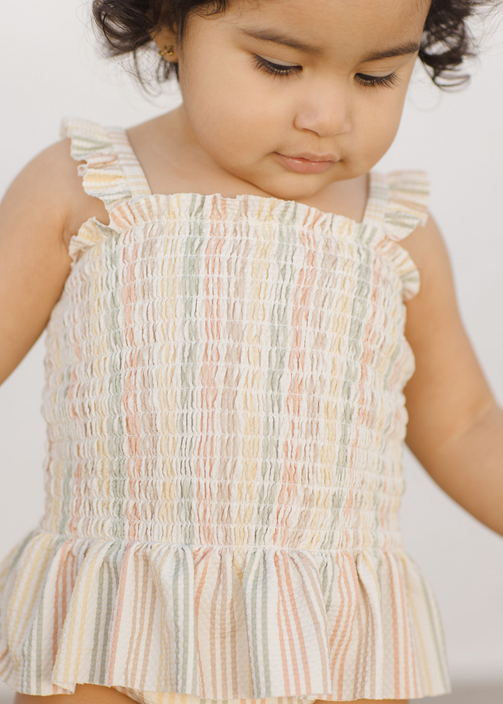 Smocked One-Piece Swimsuit || Multi-Stripe