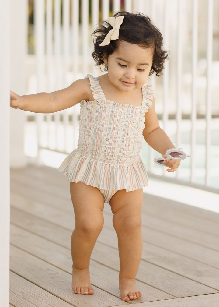 Smocked One-Piece Swimsuit || Multi-Stripe
