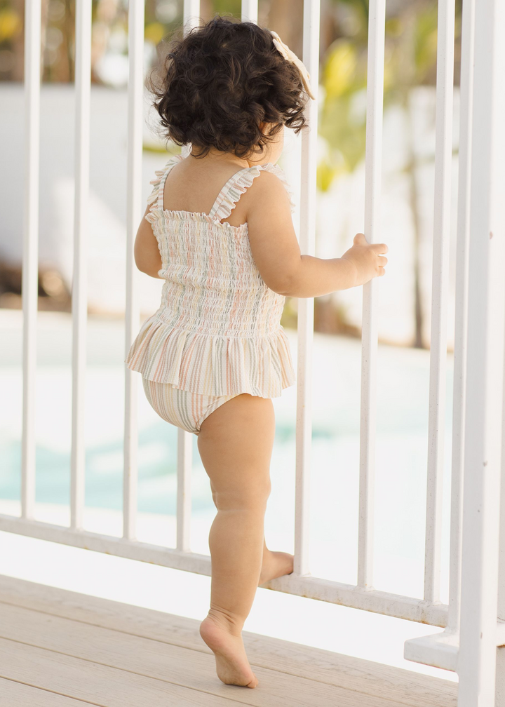Smocked One-Piece Swimsuit || Multi-Stripe