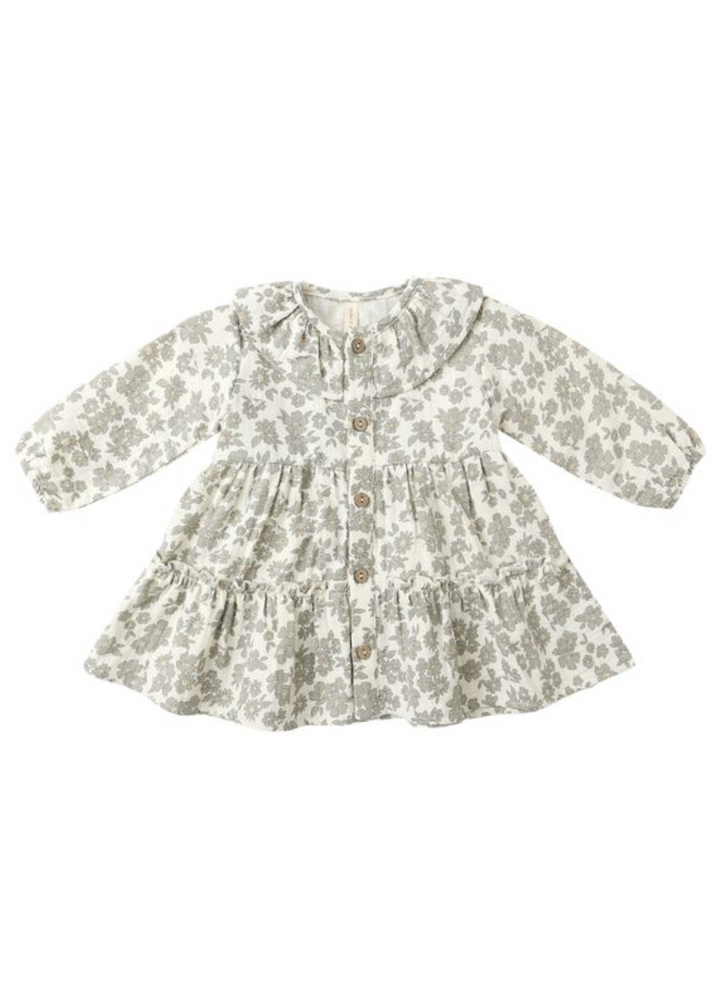 Ruffle Collar Button Dress || Green Floral