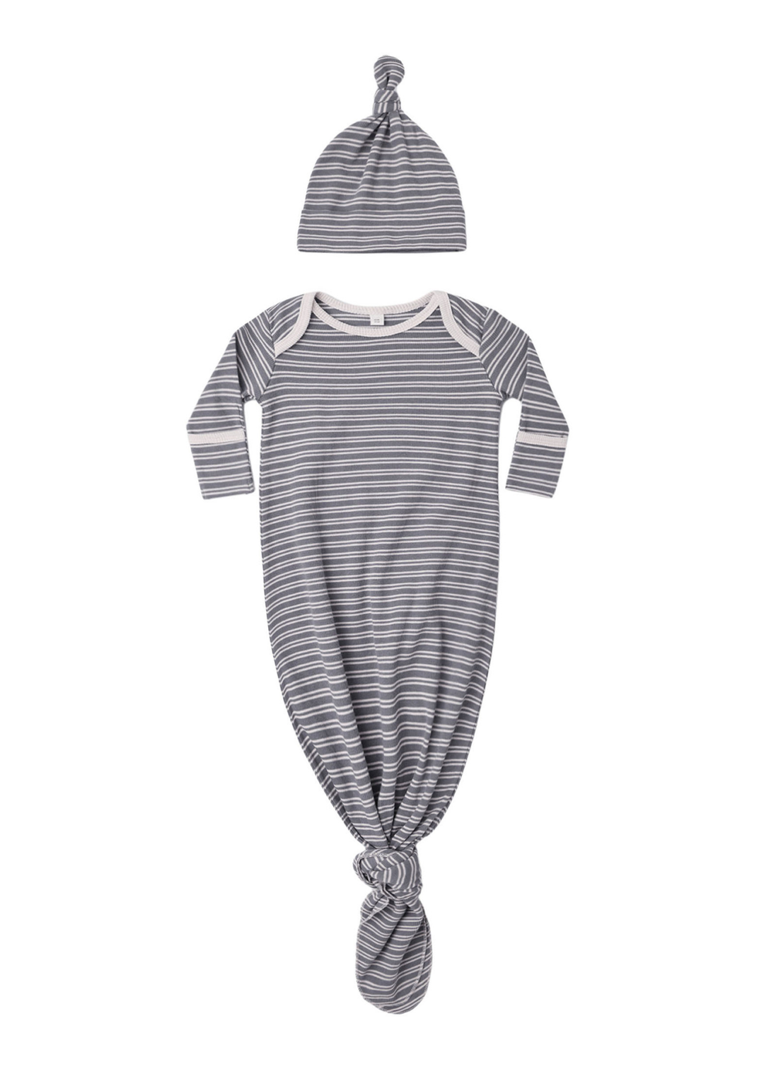 Knotted Baby Gown + Hat Set || Slate Microstripe