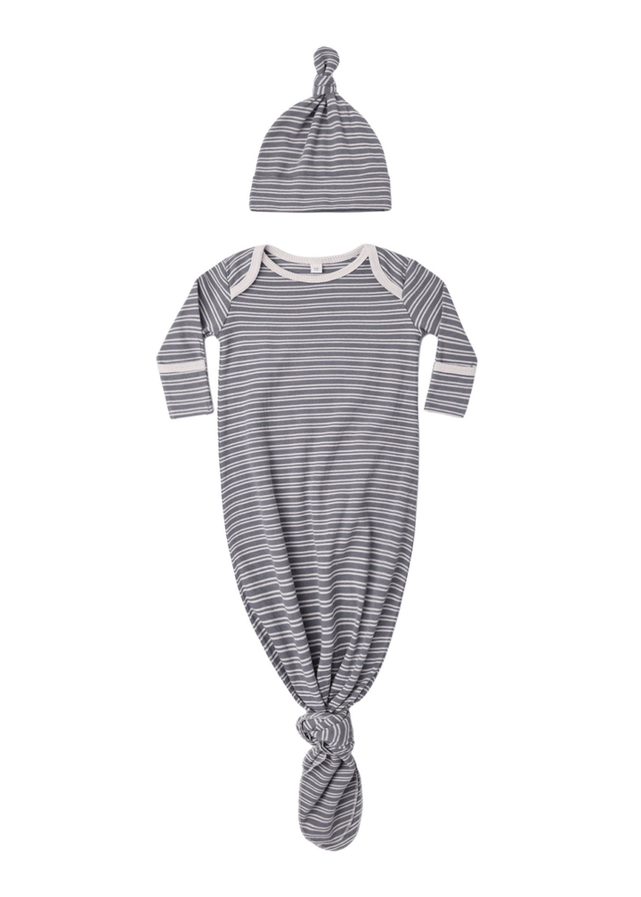 Knotted Baby Gown + Hat Set || Slate Microstripe