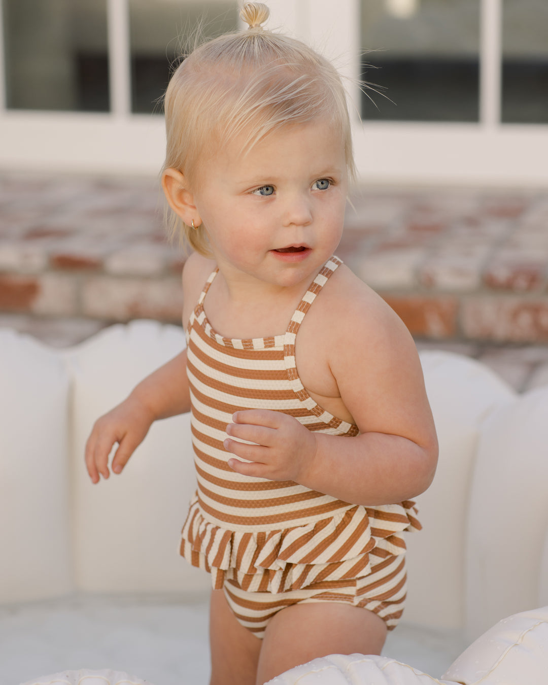 ruffled one-piece swimsuit || clay stripe