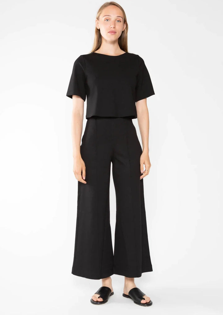 Black Ponte Knit Wide Leg Pant: Cropped