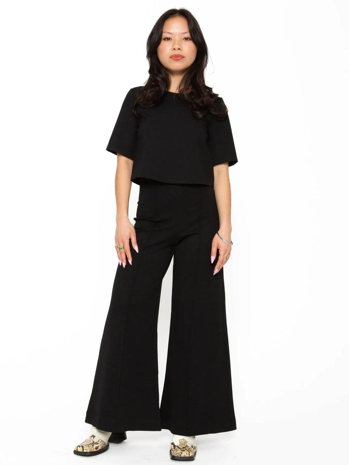 Black Ponte Knit Wide Leg Pant: Cropped