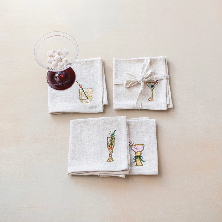Embroidered Holiday Cocktail Napkins, Set of 4