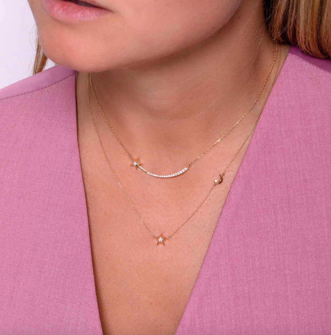3D Moon and Star Diamond Necklace